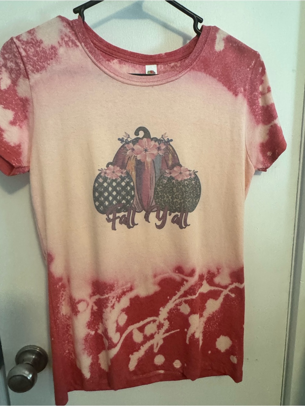 Fruit of the Loom Pink and Cream Tie-Dye 'Fall Y'all' Pumpkin Tee